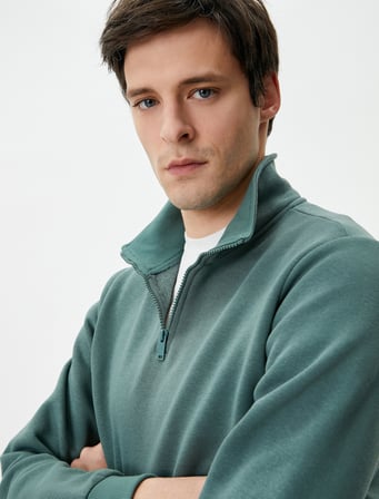 Yarım Fermuarlı Sweatshirt Basic Dik Yaka Ribanalı Uzun Kollu