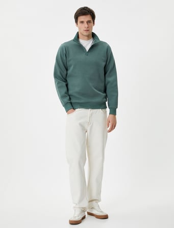 Yarım Fermuarlı Sweatshirt Basic Dik Yaka Ribanalı Uzun Kollu