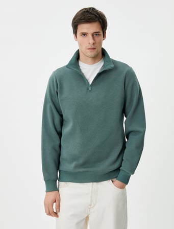 Yarım Fermuarlı Sweatshirt Basic Dik Yaka Ribanalı Uzun Kollu