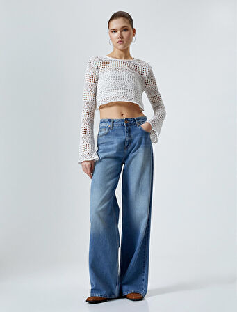 Ajurlu Crop Tişört Uzun Kollu Yuvarlak Yaka