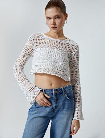 Ajurlu Crop Tişört Uzun Kollu Yuvarlak Yaka