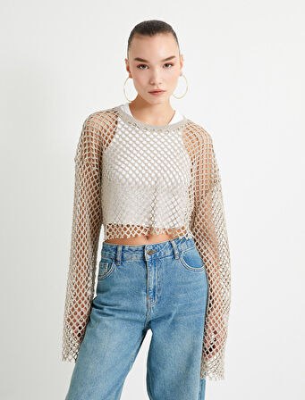 Crop File Tişört Uzun Kollu Bisiklet Yaka