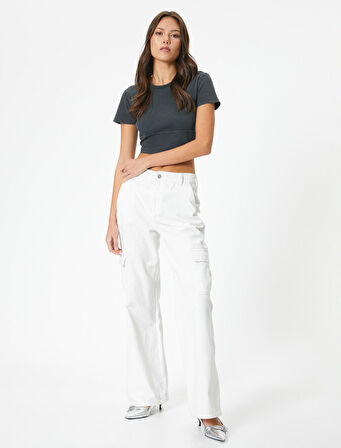 Crop Tişört Kısa Kollu Bisiklet Yaka Fitilli