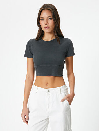 Crop Tişört Kısa Kollu Bisiklet Yaka Fitilli
