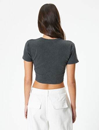 Crop Tişört Kısa Kollu Bisiklet Yaka Fitilli