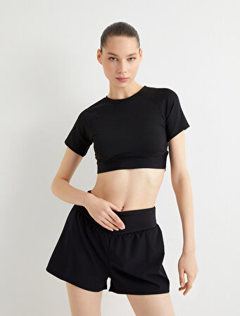 Spor Crop Tişört Slim Fit Kısa Kollu Bisiklet Yaka