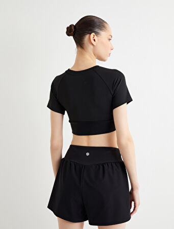 Spor Crop Tişört Slim Fit Kısa Kollu Bisiklet Yaka