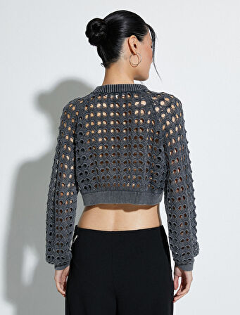 Ajurlu Crop Kazak Bisiklet Yaka Uzun Kollu