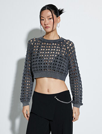 Ajurlu Crop Kazak Bisiklet Yaka Uzun Kollu