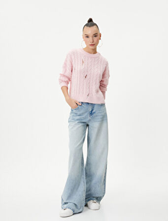 Triko Kazak Saç Örgü Detaylı Yıpratılmış Bisiklet Yaka 