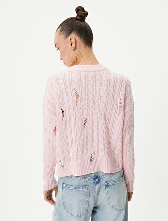 Triko Kazak Saç Örgü Detaylı Yıpratılmış Bisiklet Yaka 