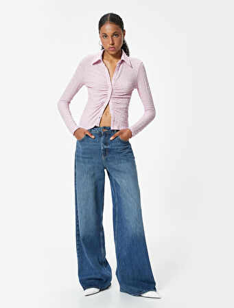 Drapeli Dokulu Gömlek Slim Fit Uzun Kollu