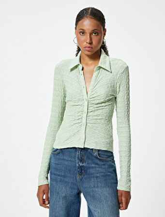 Drapeli Dokulu Gömlek Slim Fit Uzun Kollu