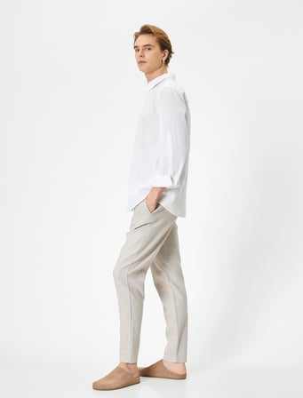 Beli Bağcıklı Pantolon Chino Normal Bel Cep Detaylı Keten Karışımlı