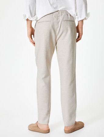 Beli Bağcıklı Pantolon Chino Normal Bel Cep Detaylı Keten Karışımlı