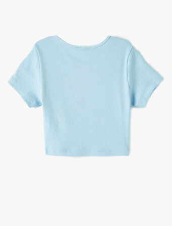 Crop Tişört Baskılı Ribanalı Kısa Kollu Bisiklet Yaka 