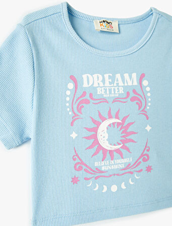 Crop Tişört Baskılı Ribanalı Kısa Kollu Bisiklet Yaka 