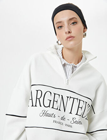 Oversize Sweatshirt Yarım Fermuarlı Dik Yaka Slogan Nakışlı