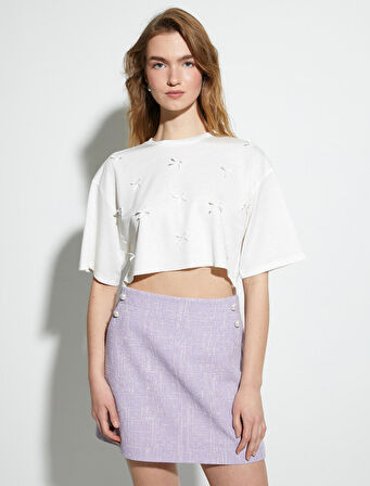 Crop Tişört Kurdele Detaylı Bisiklet Yaka Kısa Kollu Viskon