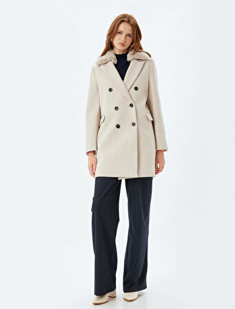 Yakası Çıkarılabilir Suni Kürklü Cepli Uzun Kaşe Kaban