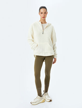 Peluş Sweatshirt Kapüşonlu Yarım Fermuarlı Cep Detaylı
