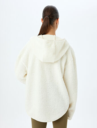 Peluş Sweatshirt Kapüşonlu Yarım Fermuarlı Cep Detaylı