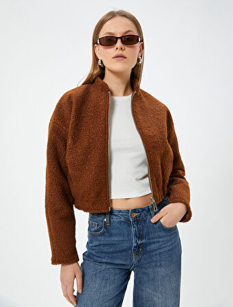 Peluş Bomber Ceket Crop Fermuarlı Cepli Rahat Kalıp