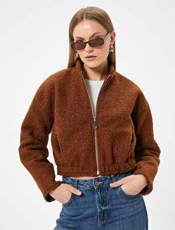 Peluş Bomber Ceket Crop Fermuarlı Cepli Rahat Kalıp