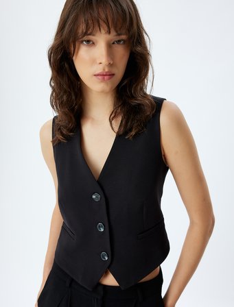 V Yaka Düğmeli Slim Fit Crop Blazer Yelek