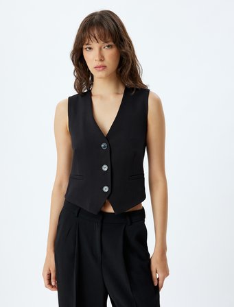 V Yaka Düğmeli Slim Fit Crop Blazer Yelek