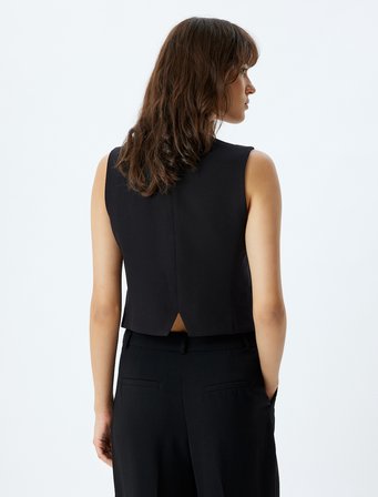 V Yaka Düğmeli Slim Fit Crop Blazer Yelek