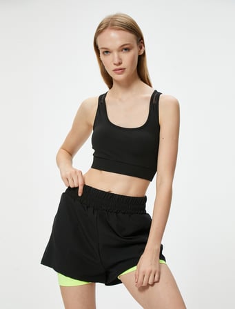Taytlı Spor Şort Paraşüt Beli Lastikli Yüksek Bel Slim Fit