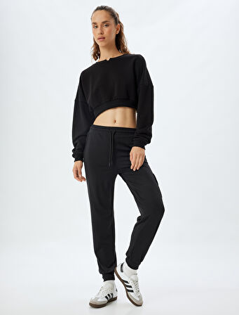 Jogger Eşofman Altı Yüksek Bel Bağcıklı Cep Detaylı Bol Kalıp İnterlok