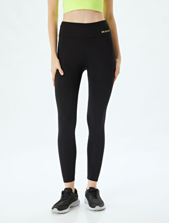 Spor Tayt Slogan Baskılı Yüksek Bel Skinny Fit İnterlok