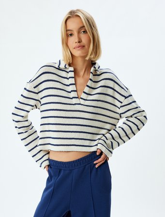 Polo Yaka Crop Kazak İnce Örme Uzun Kollu 