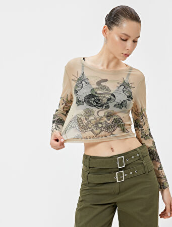 Crop Tül Tişört Uzun Kollu Baskılı Bisiklet Yaka Slim Fit 