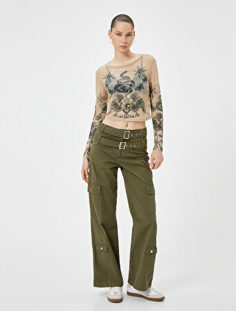 Crop Tül Tişört Uzun Kollu Baskılı Bisiklet Yaka Slim Fit 