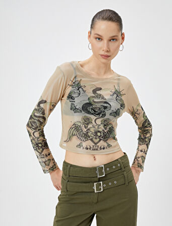 Crop Tül Tişört Uzun Kollu Baskılı Bisiklet Yaka Slim Fit 