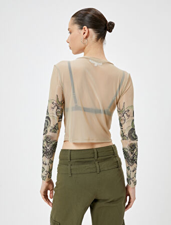 Crop Tül Tişört Uzun Kollu Baskılı Bisiklet Yaka Slim Fit 