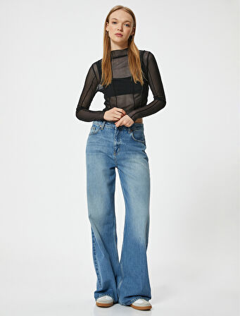 Uzun Kollu Tişört Transparan Nervürlü Dik Yaka