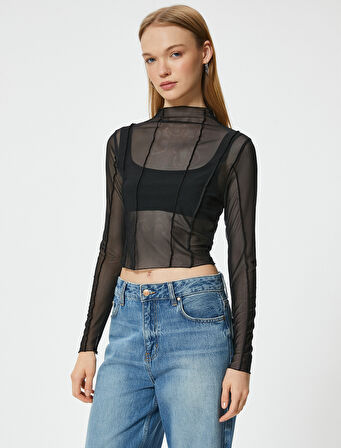 Uzun Kollu Tişört Transparan Nervürlü Dik Yaka