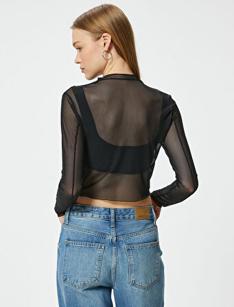 Uzun Kollu Tişört Transparan Nervürlü Dik Yaka