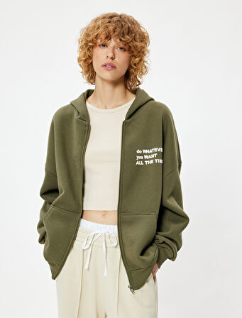 Oversize Kapşonlu Şardonlu Fermuarlı Baskılı Sweatshirt