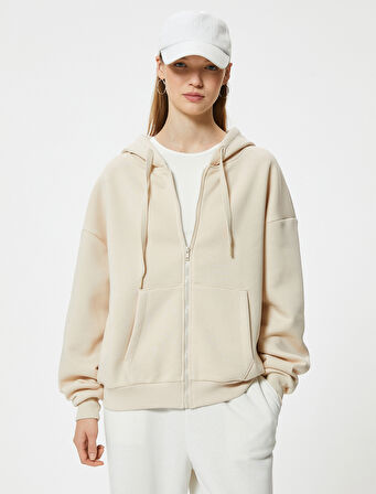 Kapüşonlu Fermuarlı Oversize Sweatshirt Kanguru Cepli