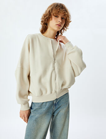 Oversize Fermuarlı Sweatshirt Dikiş Detaylı Bisiklet Yaka
