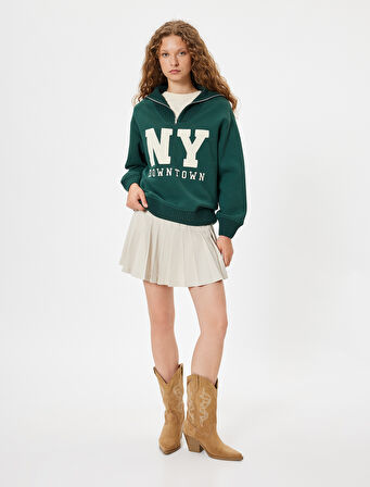 Yarım Fermuarlı Sweatshirt Oversize Kolej Baskılı 