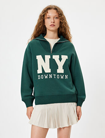 Yarım Fermuarlı Sweatshirt Oversize Kolej Baskılı 