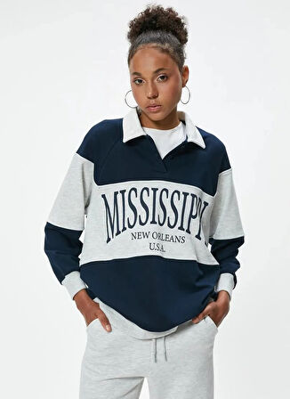 Koton Polo Yaka Lacivert Kadın Sweatshırt 5WAL10022IK