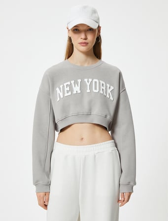 Crop Oversize Sweatshirt Kolej Baskılı Bisiklet Yaka