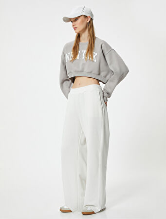 Crop Oversize Sweatshirt Kolej Baskılı Bisiklet Yaka